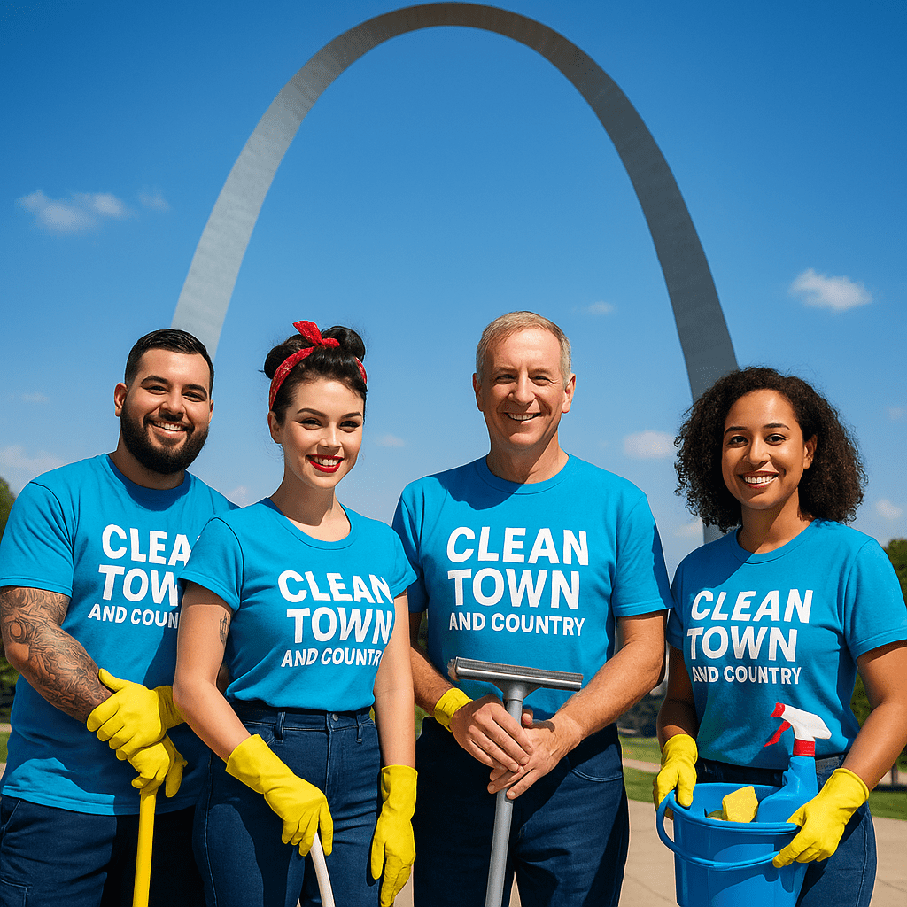 Smiling Clean Town and Country cleaning team in uniform standing in front of the St. Louis Gateway Arch