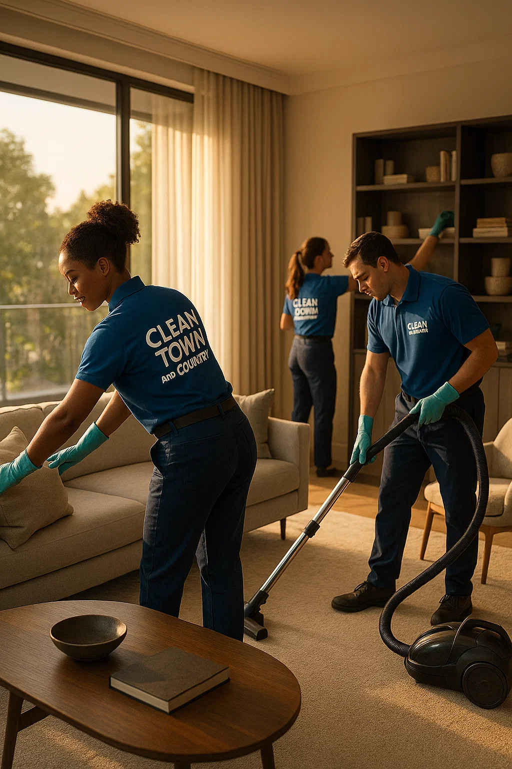 Clean Town and Country professional cleaning team providing detailed residential cleaning service in a luxury living room in Town and Country, Missouri.