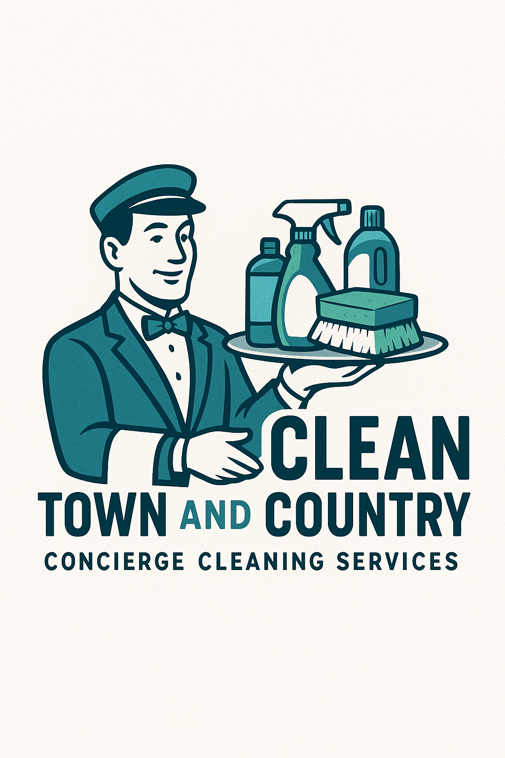 Logo illustration of Clean Town and Country concierge cleaning services featuring a smiling butler holding cleaning supplies on a silver tray.