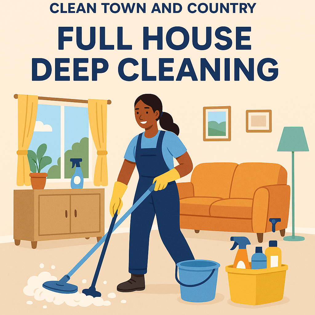 Professional cleaner performing full house deep cleaning with mop and supplies in a tidy living room