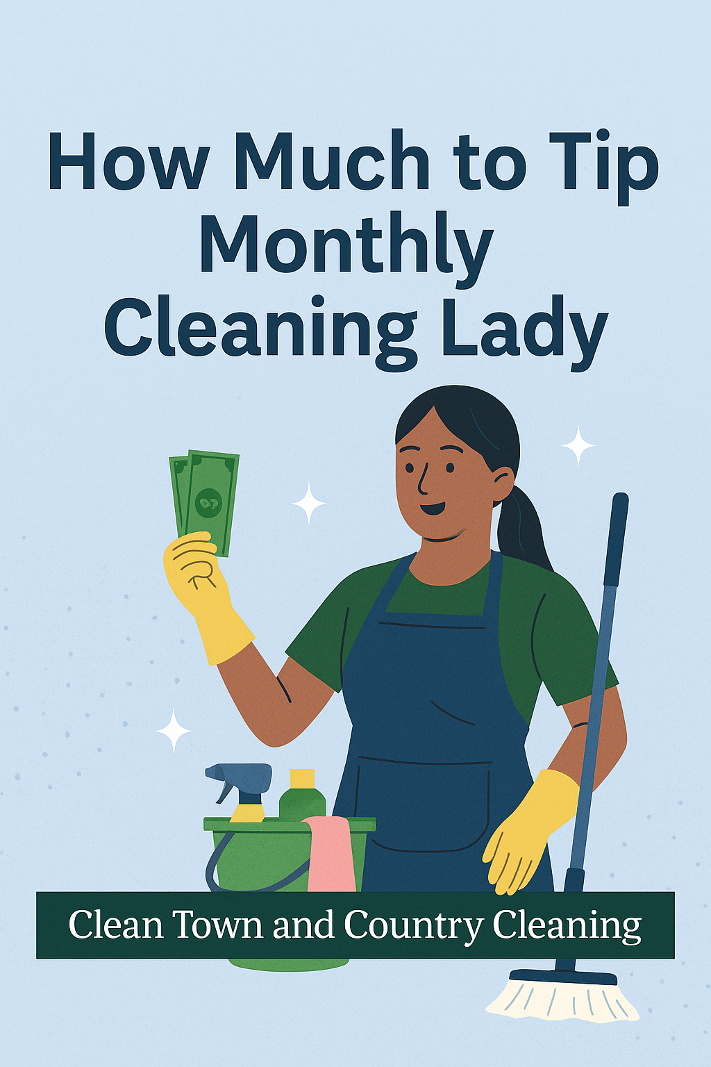 Illustration of a smiling cleaning lady holding cash with cleaning supplies and mop, representing tipping for monthly cleaning services.