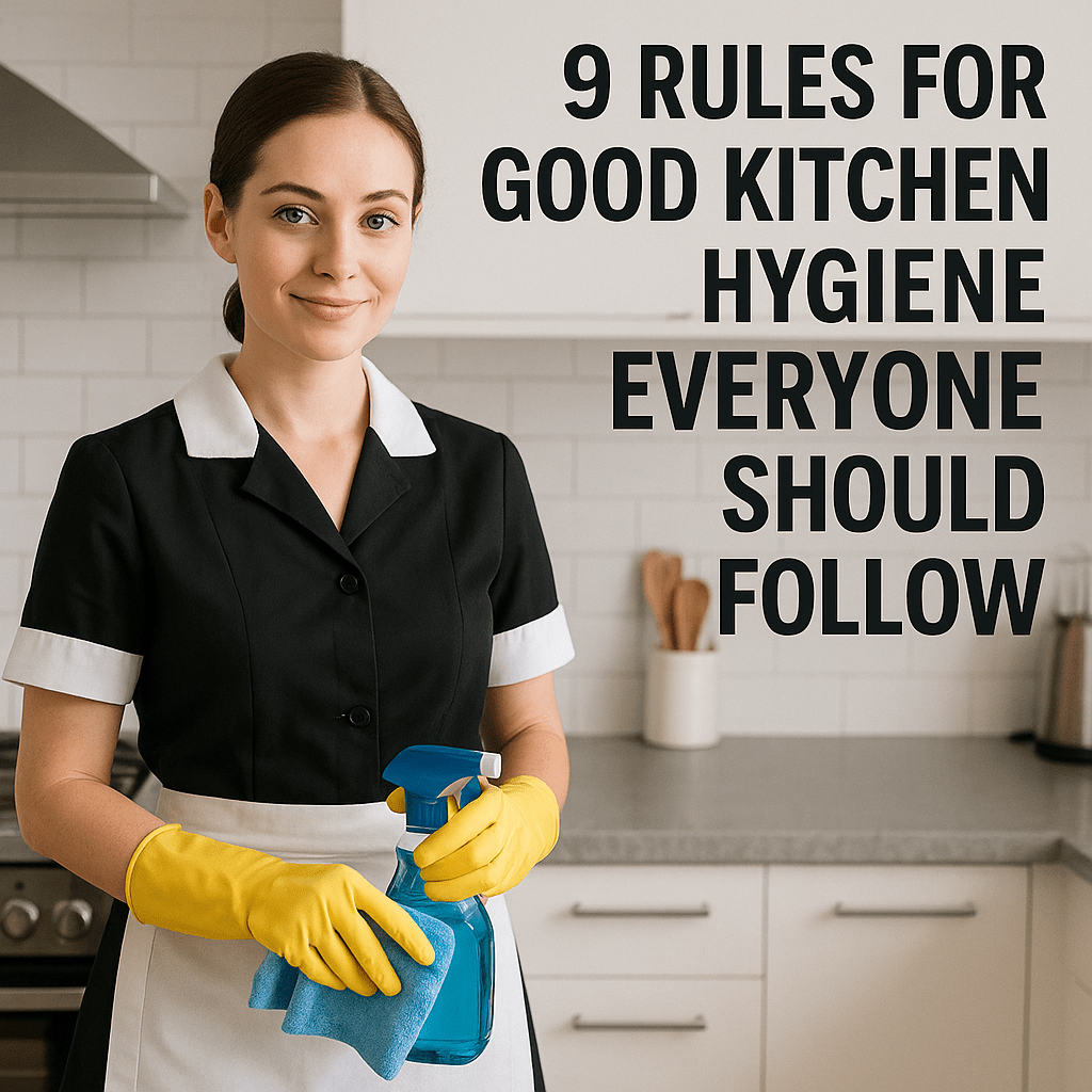 Professional cleaner standing in a spotless kitchen, promoting the 9 rules for good kitchen hygiene everyone should follow.
