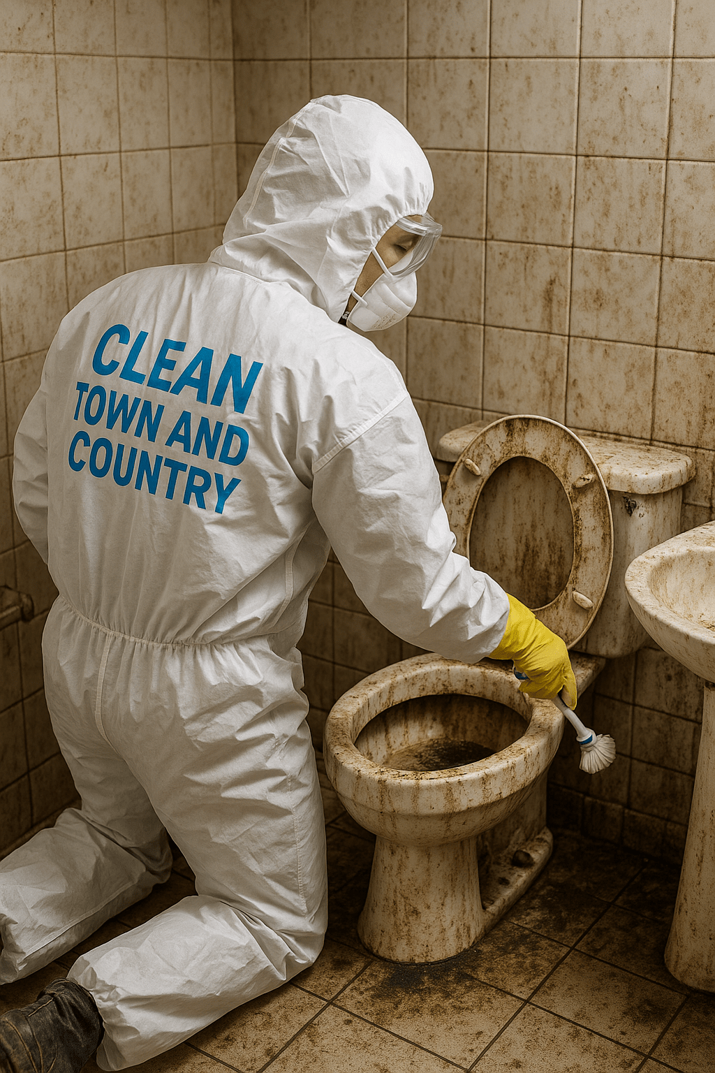 Cleaner from Clean Town and Country in hazmat suit performing deep bathroom sanitization service on a filthy toilet.