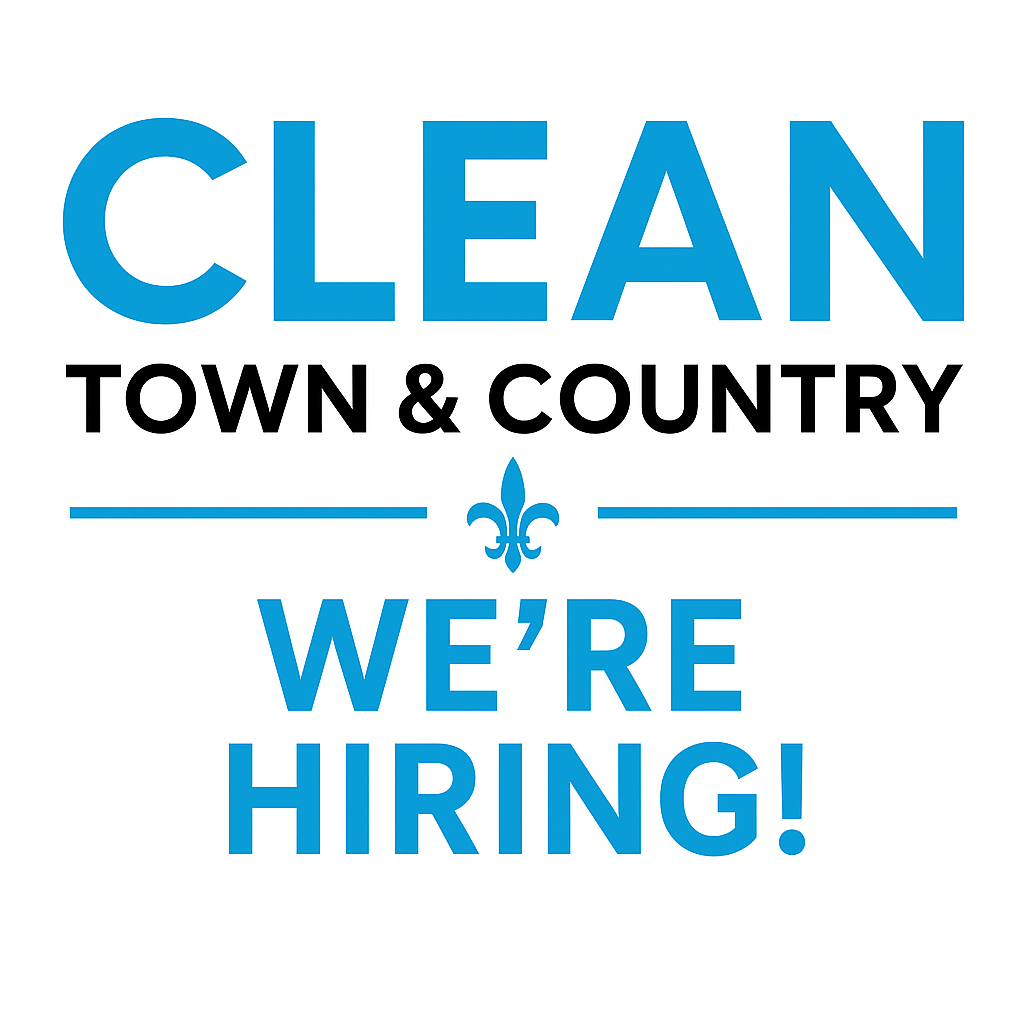 Clean Town and Country logo on a white background with the phrase “We’re Hiring!” in blue, promoting job opportunities for Airbnb cleaners