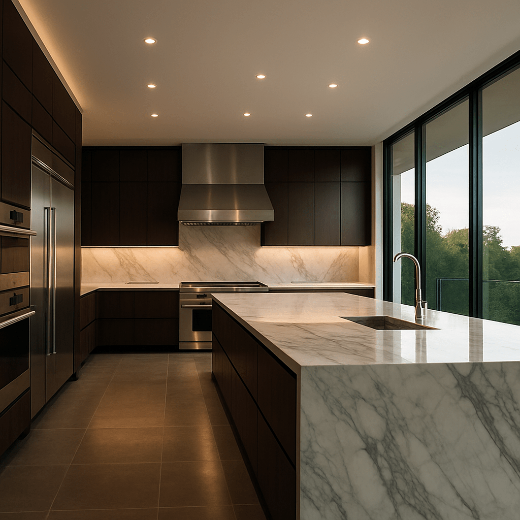 Minimalist modern kitchen with marble countertops, an example of a clean kitchen staging tip for high-end homes
