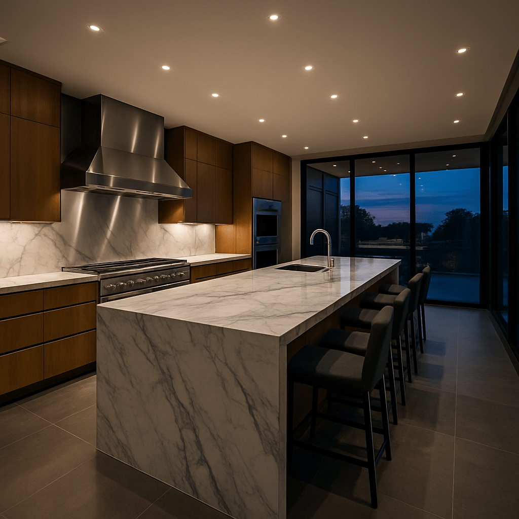 Modern luxury kitchen with marble countertops and stainless-steel appliances professionally cleaned by Clean Town and Country in Town and Country, Missouri.