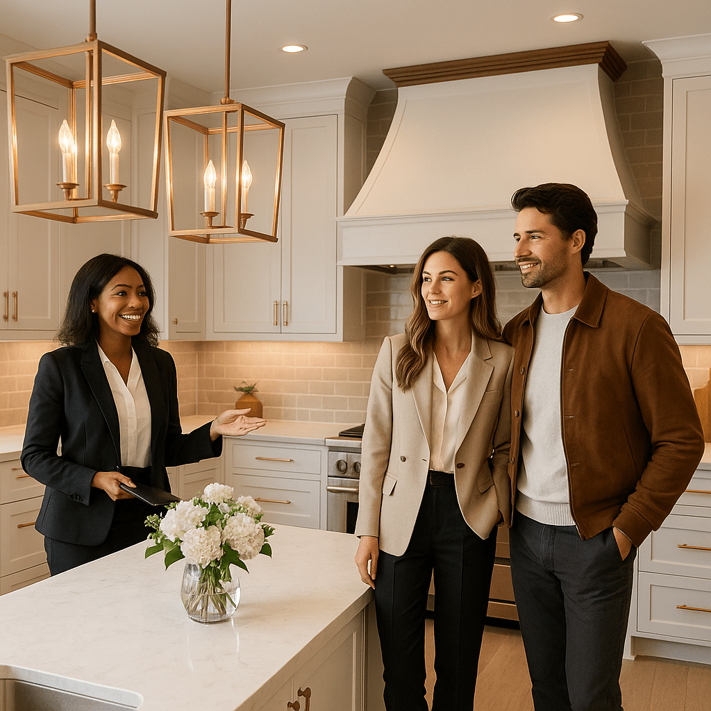 Realtor showing a clean, staged kitchen to a couple—highlighting a top clean kitchen staging tip