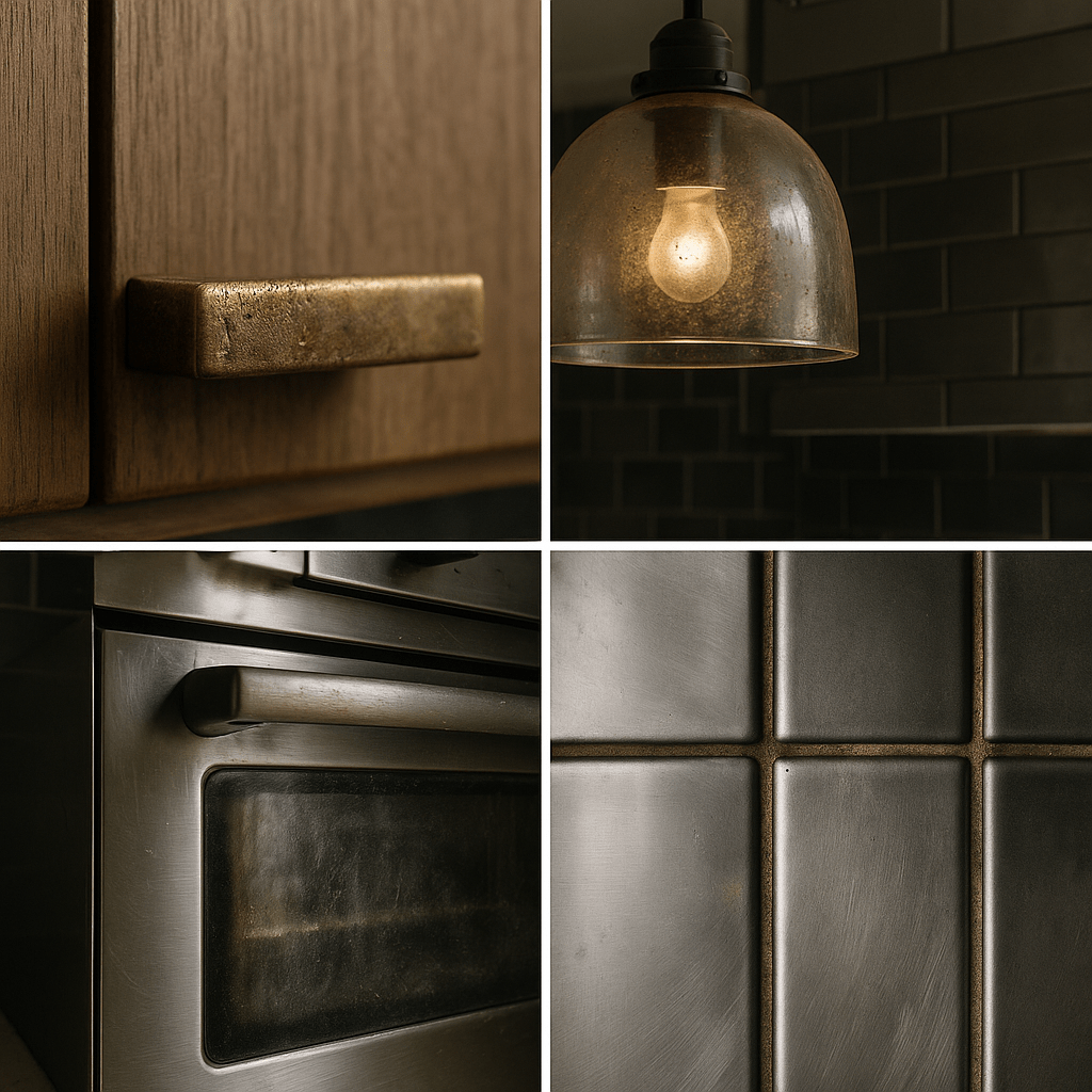 Close-up of dusty kitchen surfaces and appliances, highlighting areas often missed before staging