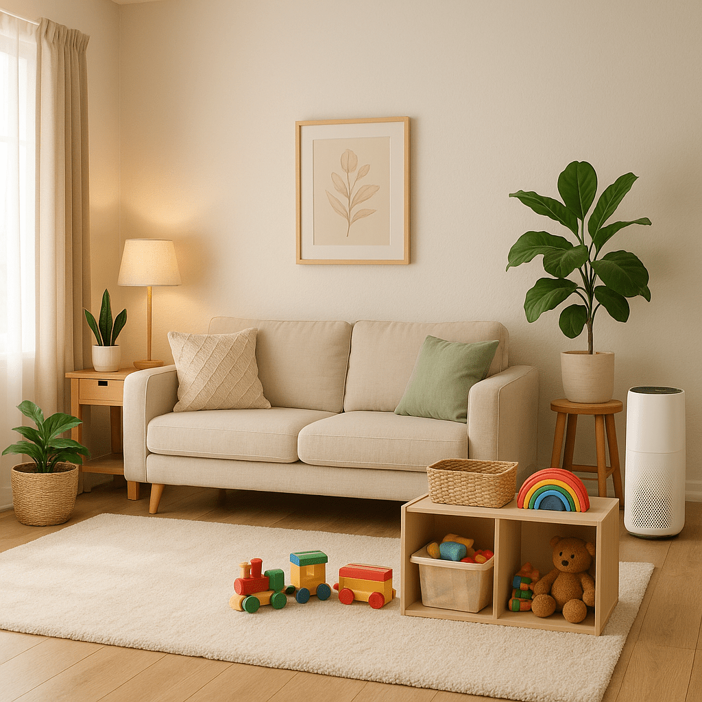 Kid-friendly living room with natural light, houseplants, and non-toxic toys—showcasing green cleaning swaps for parents.