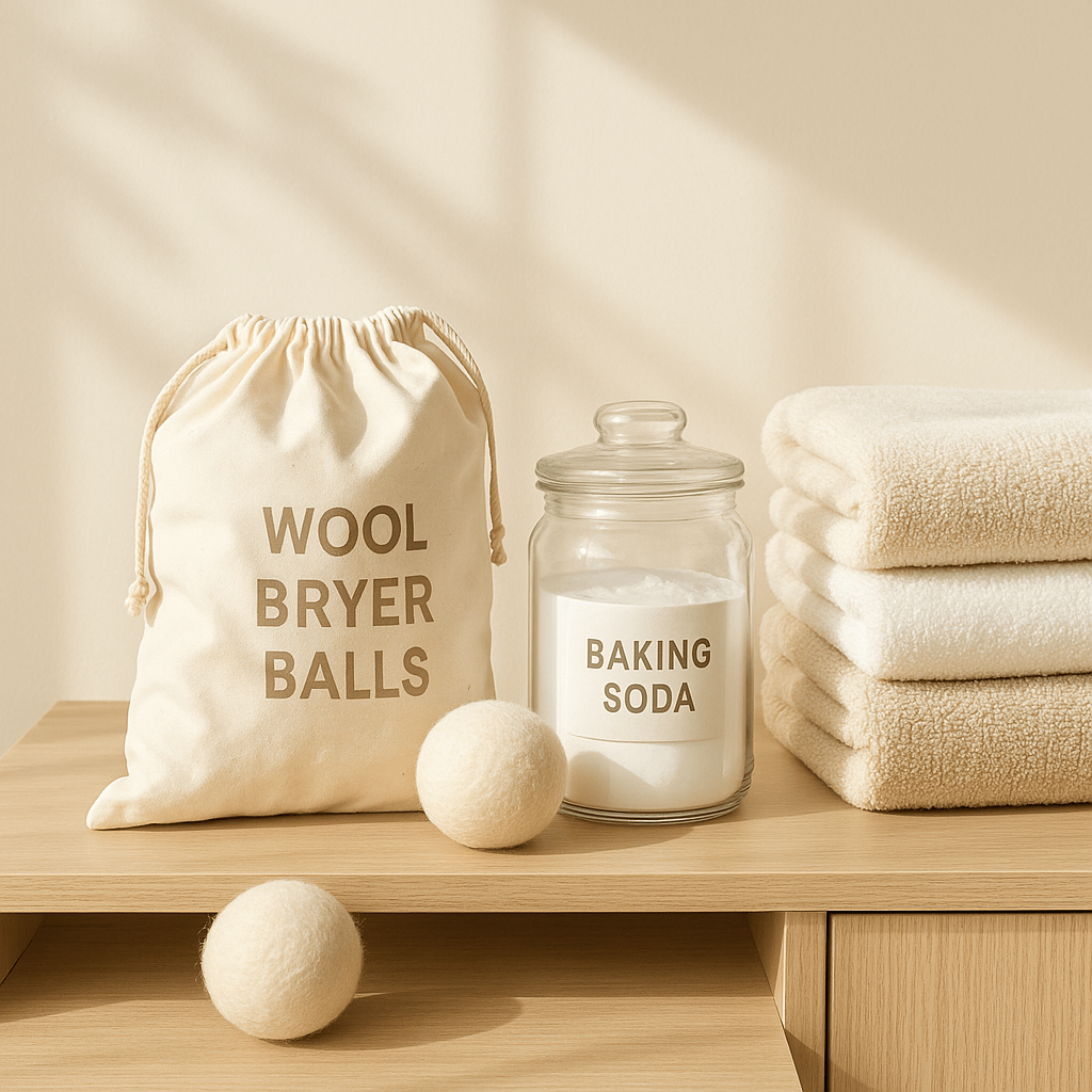 Eco-friendly laundry alternatives including wool dryer balls and baking soda, ideal green cleaning swaps for parents.