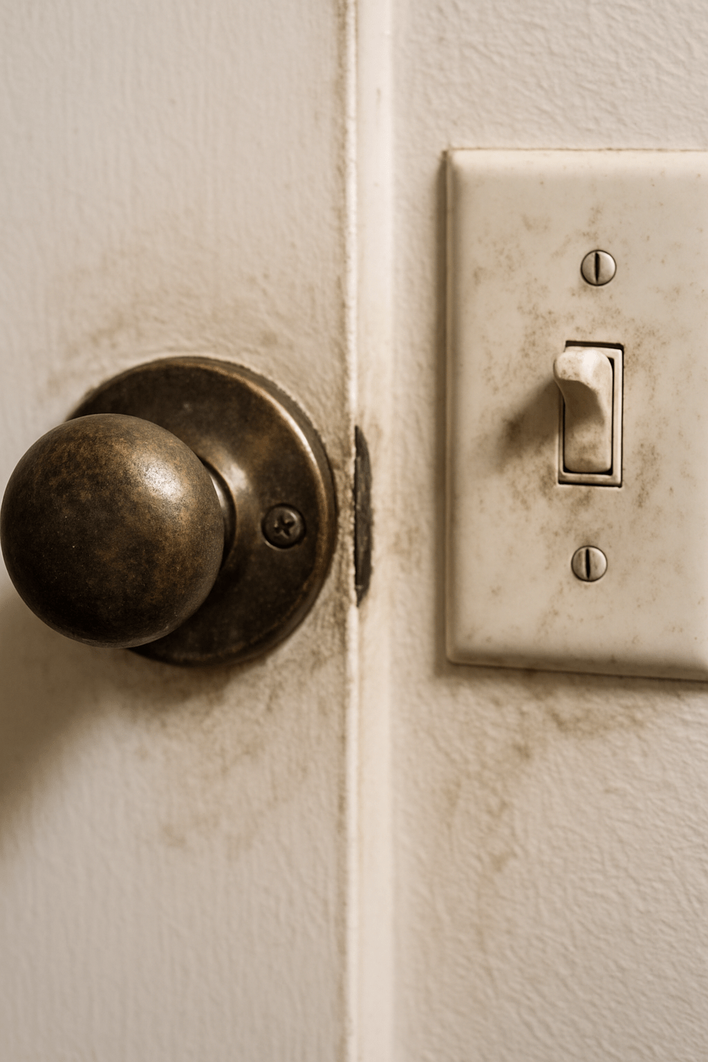 Close-up of a dusty doorknob and light switch often overlooked during move-out cleaning