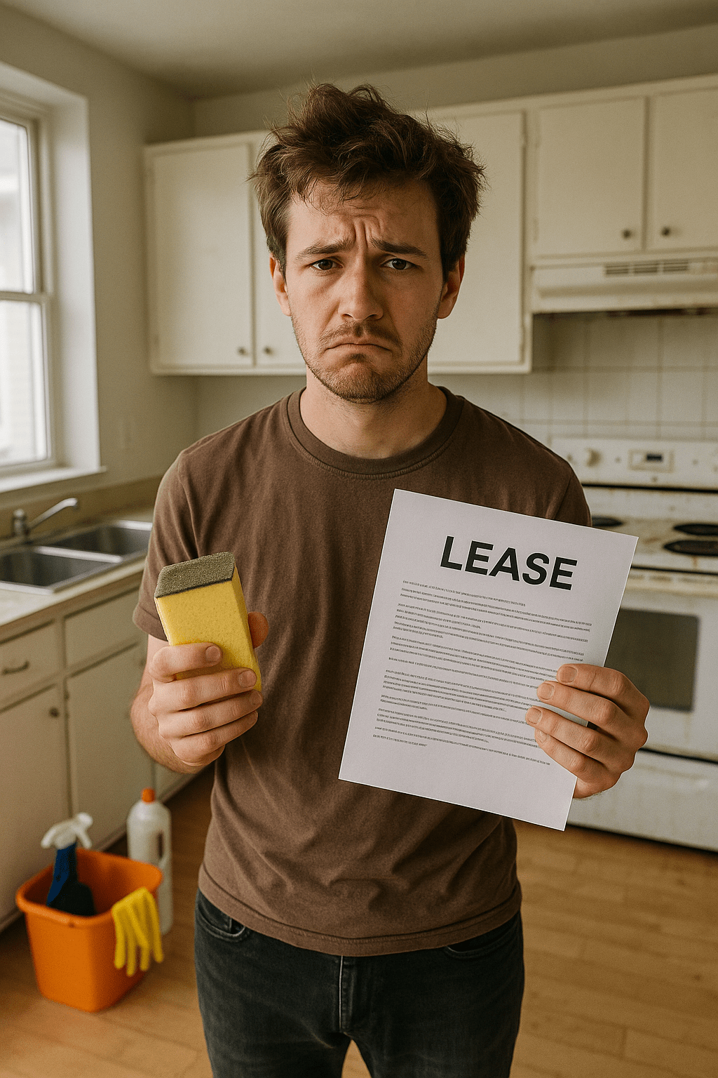 Renter overwhelmed by cleaning tasks while preparing to move out of apartment