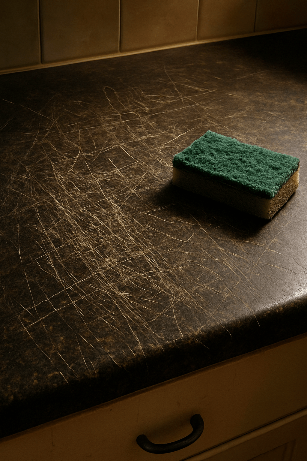 Close-up of scratched countertop caused by improper cleaning technique
