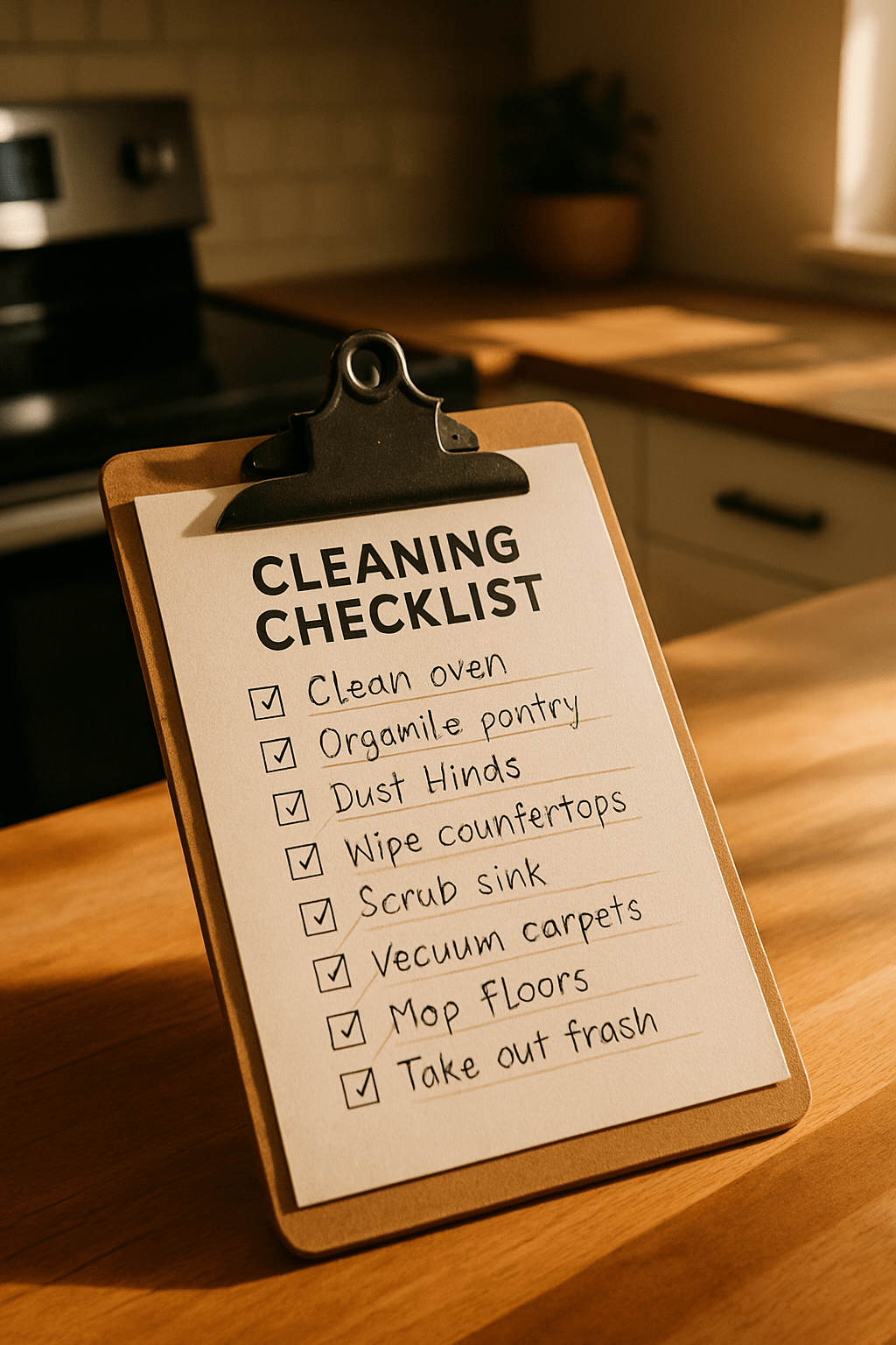 Cleaning checklist laid out on table as part of morning routine for thorough apartment clean