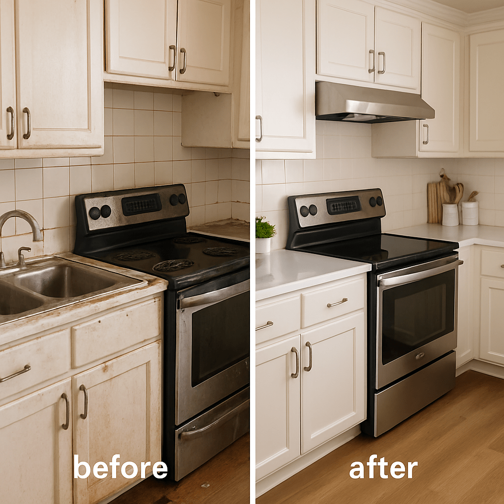 Before and after kitchen cleaning showing dirty stove and sink transformed by Clean Town and Country for tenant move out.