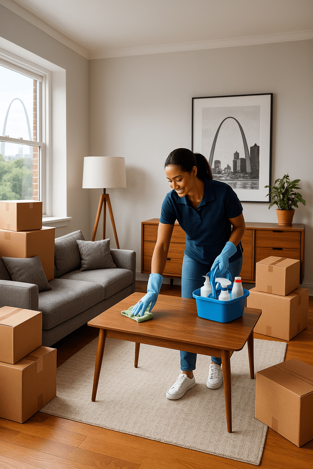 Professional cleaner wiping a wooden table with packing boxes nearby, representing tenant move out cleaning.