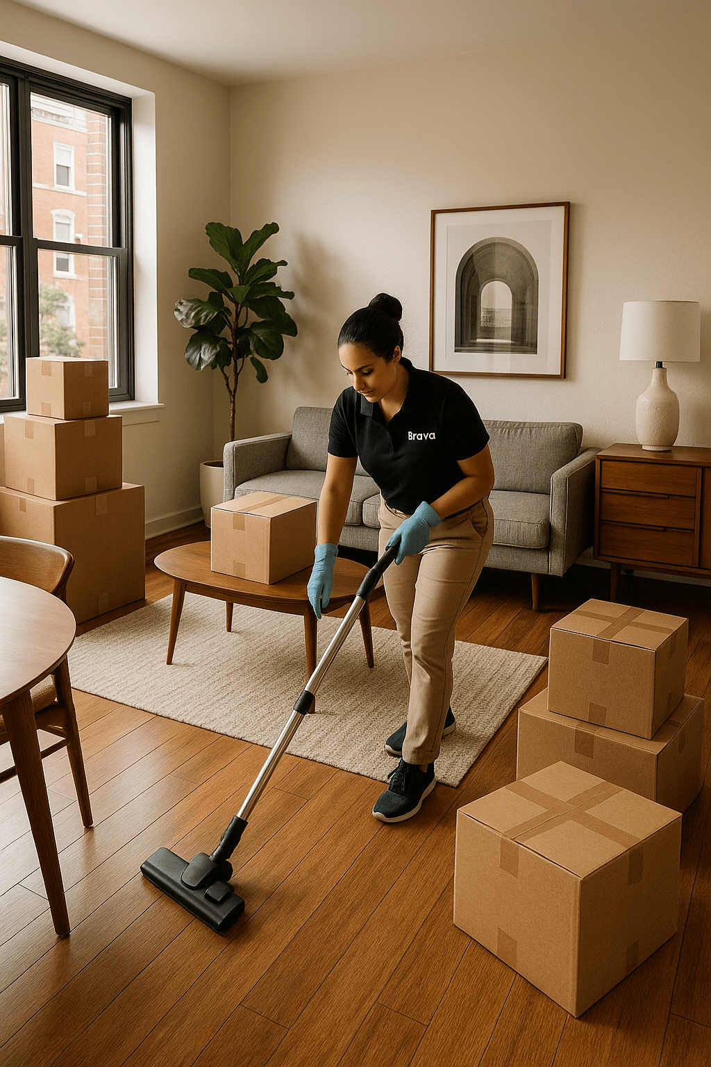 Cleaner vacuuming hardwood floors in a partially packed room, part of move out cleaning service.