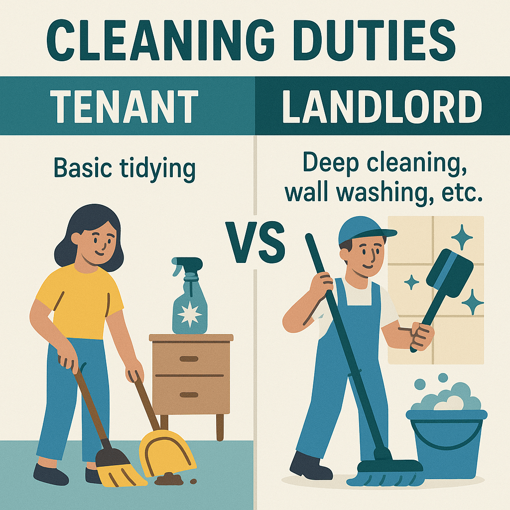 Side-by-side visual showing tenant sweeping and landlord deep cleaning with mop and bucket.