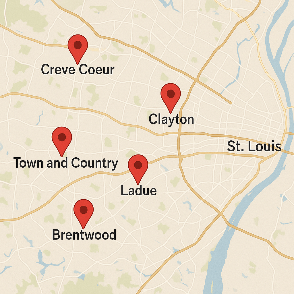 Map of St. Louis suburbs served by Clean Town and Country for move out cleaning services.