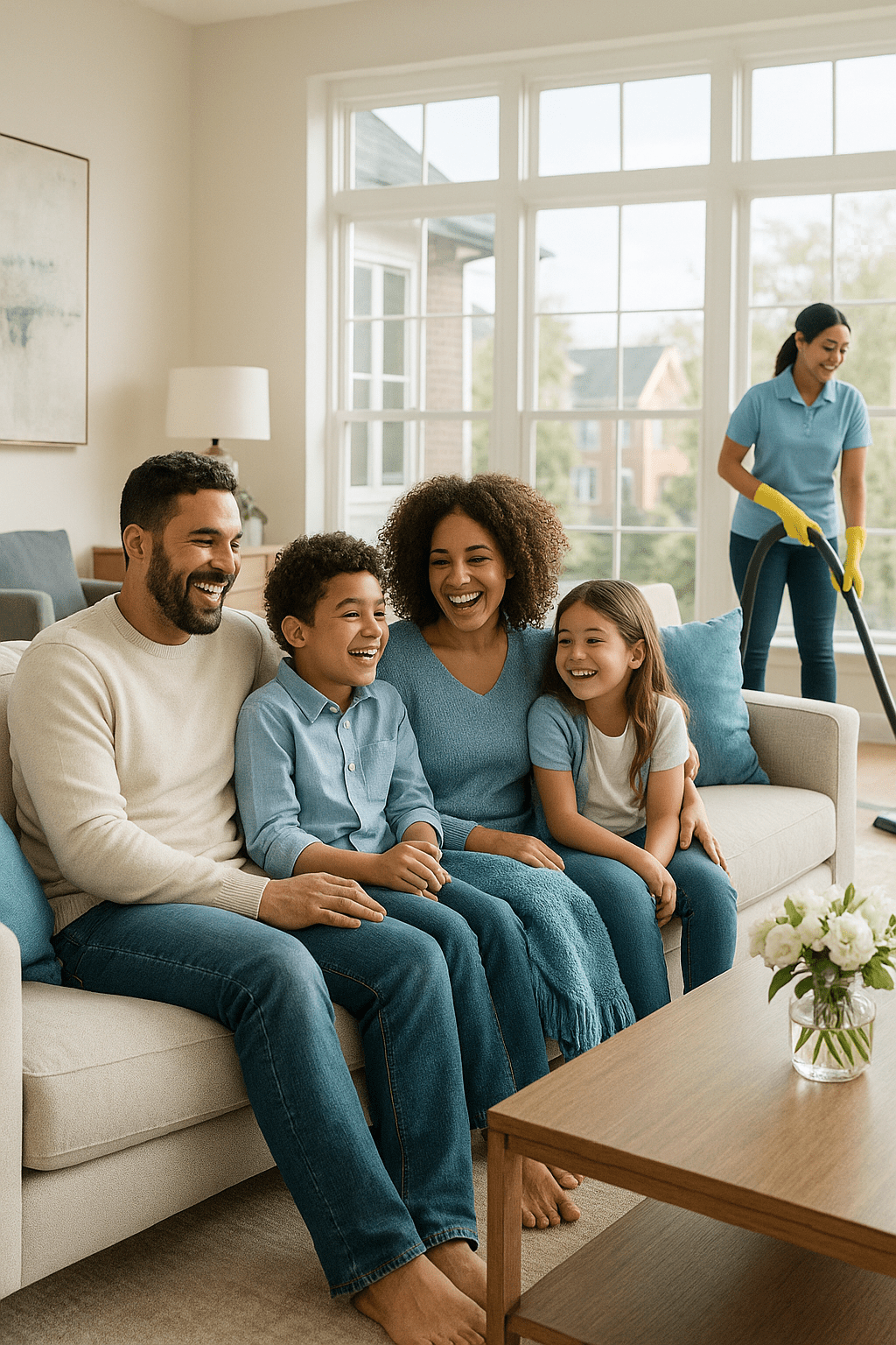 Family relaxing in a clean, luxurious home after weekly house cleaning in St. Louis