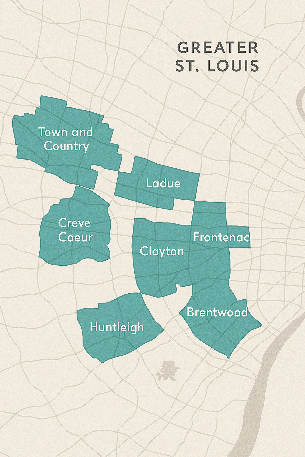 Map of Greater St. Louis highlighting Town and Country, Ladue, Clayton, Frontenac, Brentwood, Huntleigh, Creve Coeur, and Olivette service areas