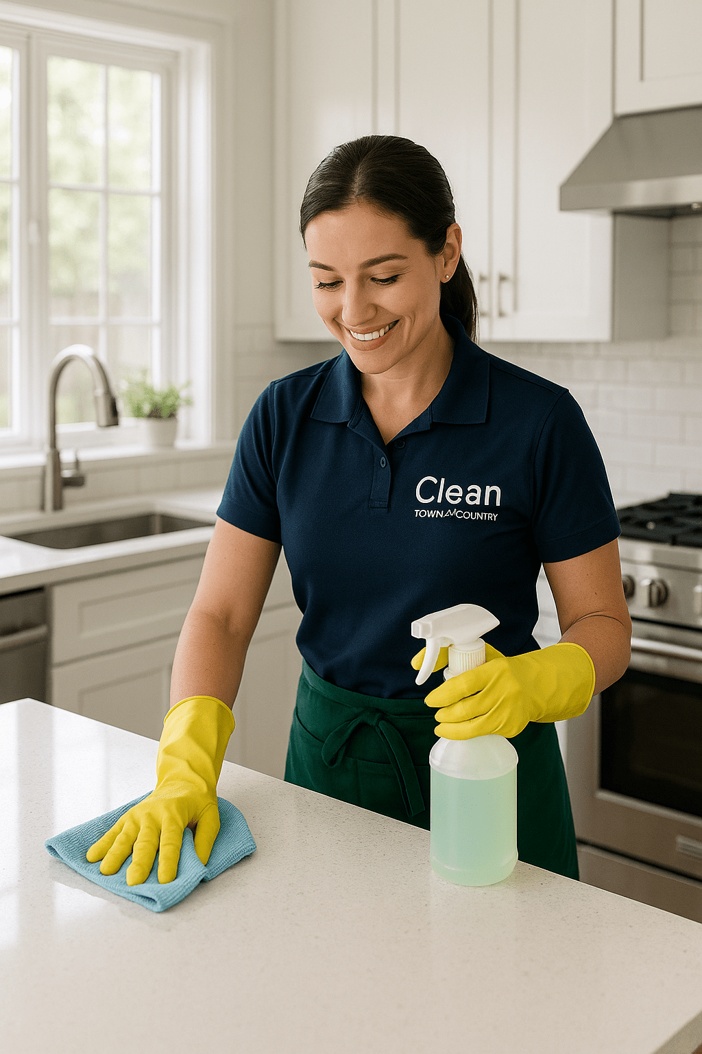 Professional cleaner performing weekly house cleaning in St. Louis kitchen, wiping down countertops for a spotless home