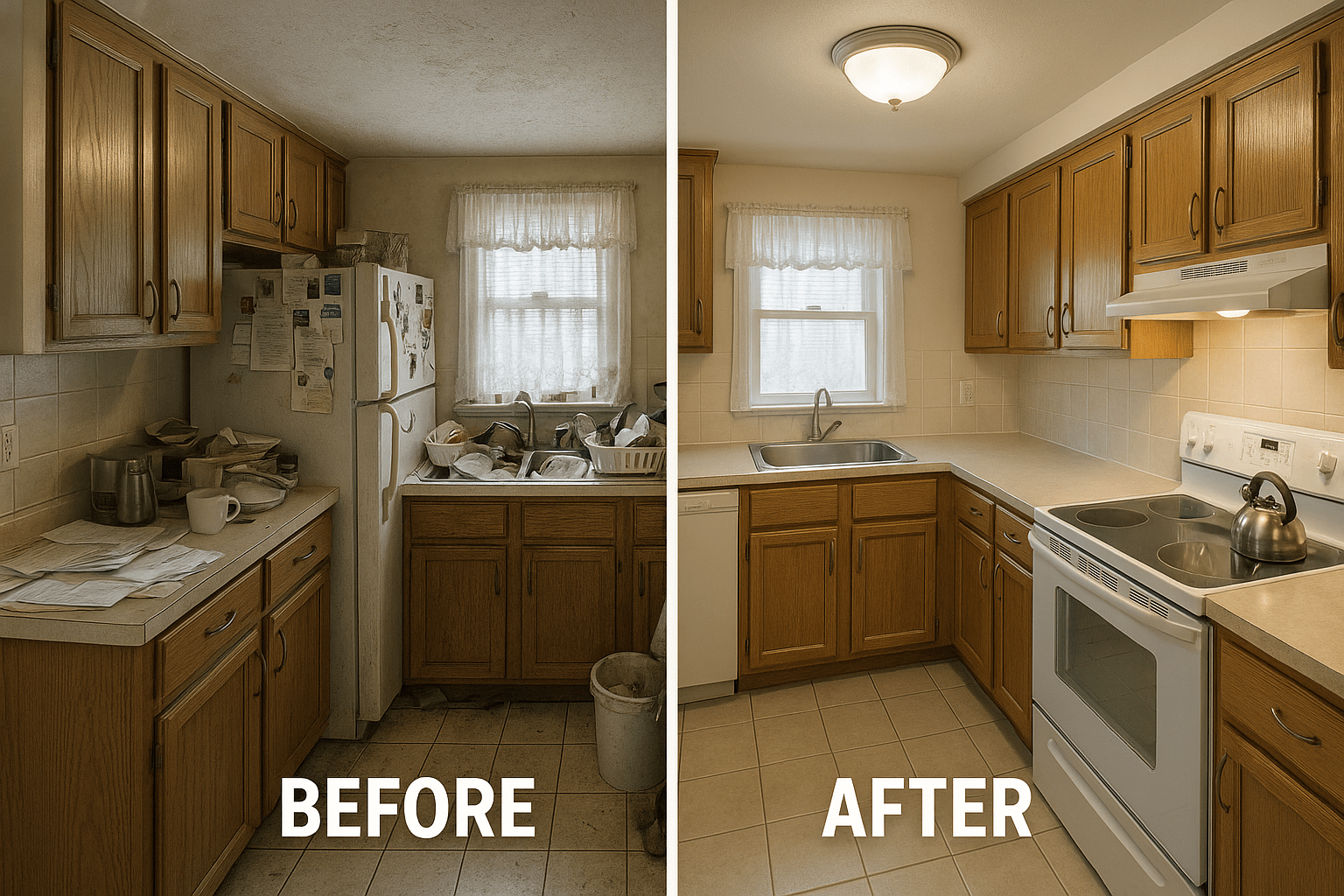 Before and after transformation of a cluttered kitchen to spotless condition, showing the results of professional senior cleaning services in St. Louis.