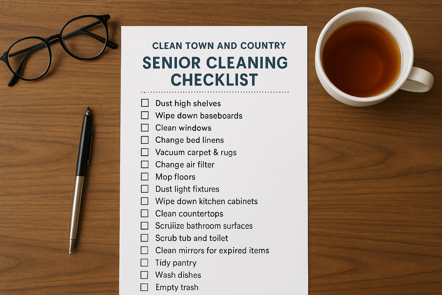 Senior cleaning checklist from Clean Town and Country, featuring essential tasks like dusting, mopping, and organizing — part of trusted senior cleaning services in St. Louis.