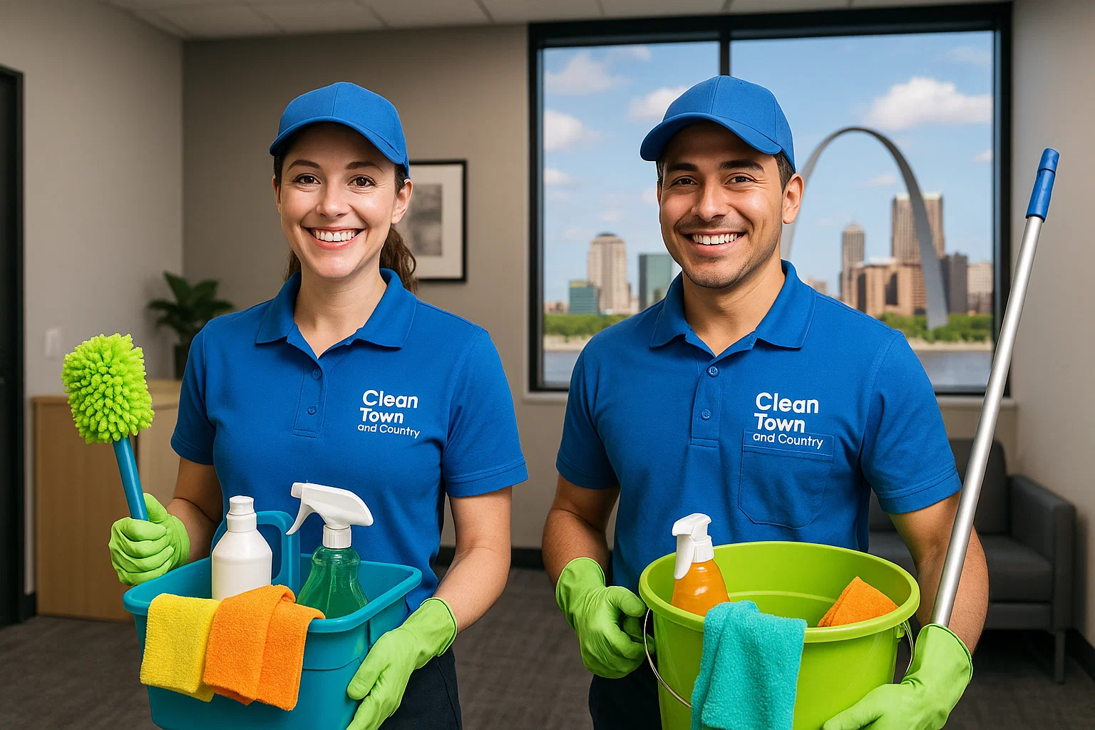 Clean Town and Country professionals providing small office cleaning in St. Louis – wiping down a wooden desk in a bright workspace.