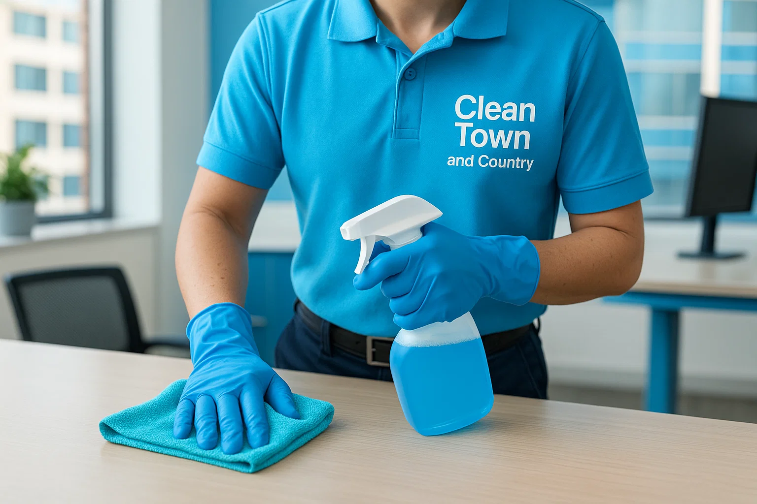 Smiling Clean Town and Country cleaners with mop, spray bottles, and microfiber cloths – small office cleaning St. Louis.
