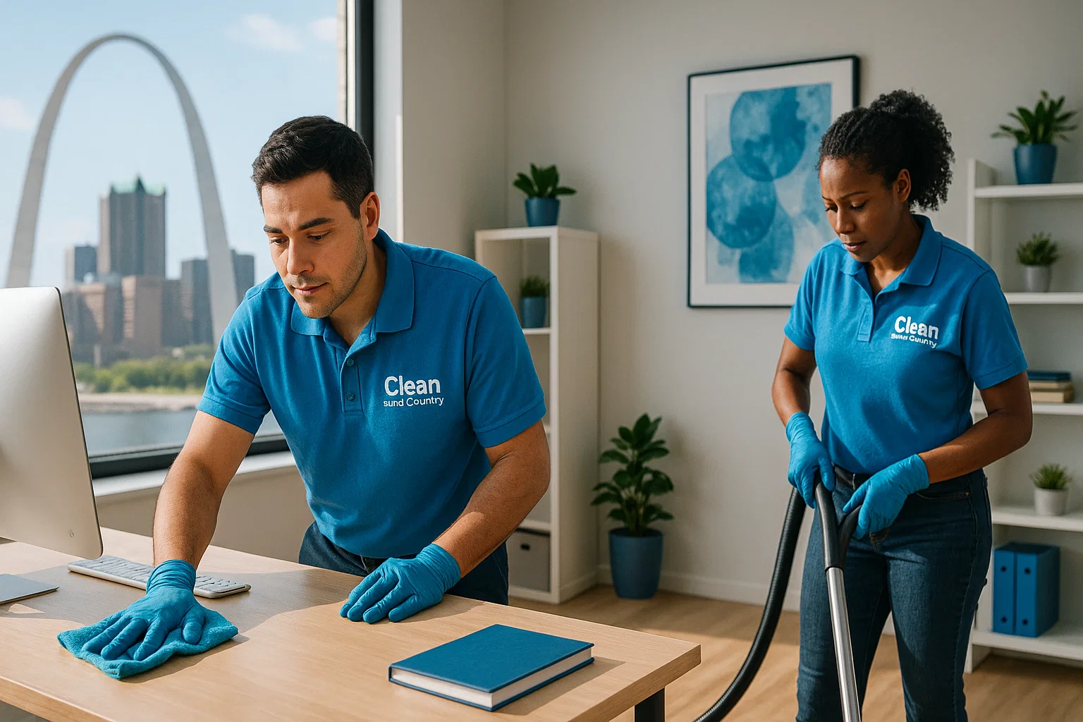 Close-up of Clean Town and Country cleaner wiping office desk with spray bottle – small office cleaning St. Louis.