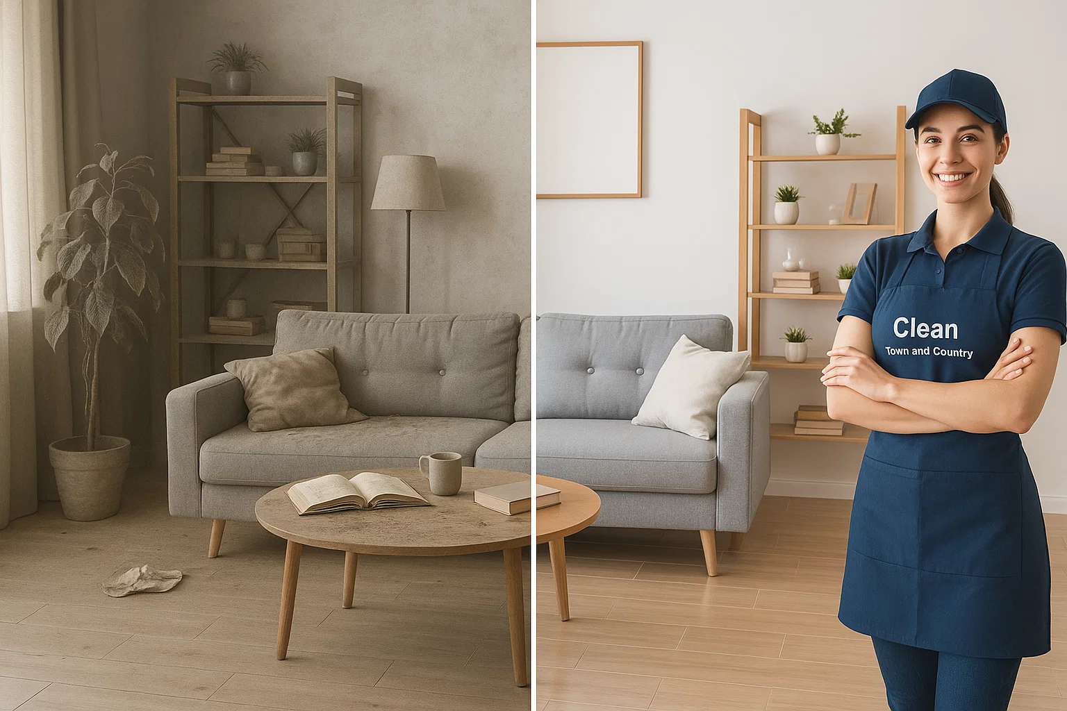 Before and after living room transformation from top-rated maid service St. Louis