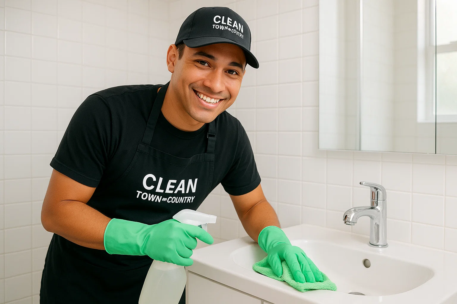 Professional maid service St. Louis cleaner wiping bathroom sink during house cleaning service