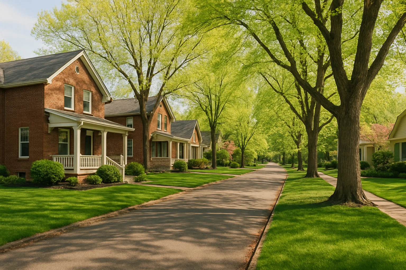 Beautiful St. Louis neighborhood with well-kept brick homes and tree-lined streets, representing the safe, welcoming communities served by senior cleaning services in St. Louis.