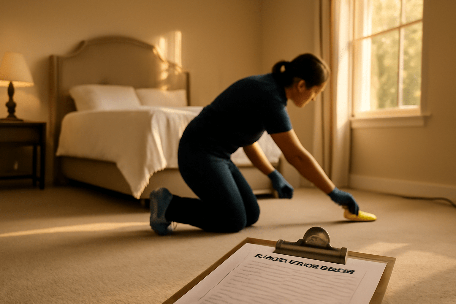 Olivette house cleaning service – cleaner dusting elegant bedroom and baseboards
