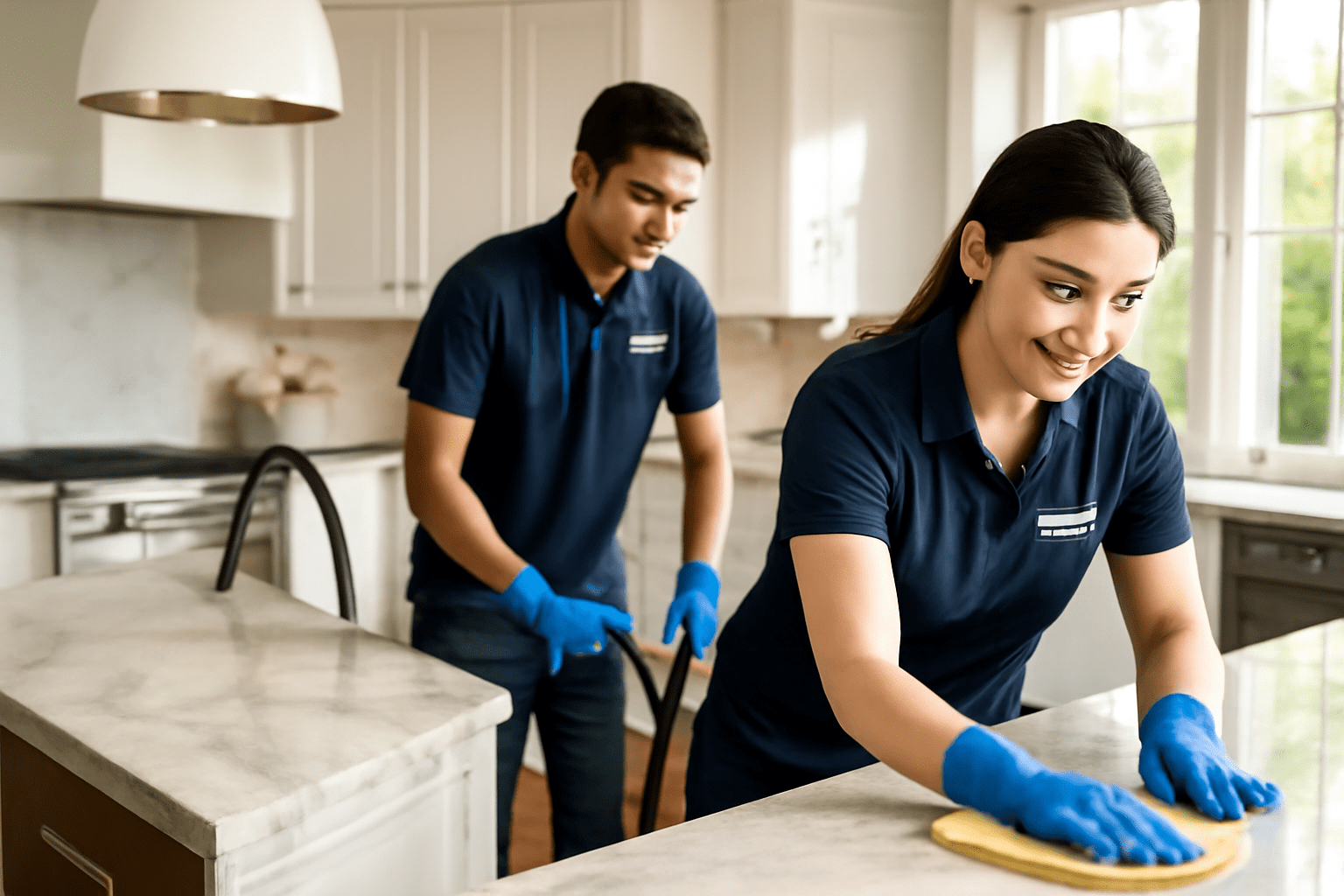 House cleaning Olivette MO – professional cleaners wiping high-touch surfaces