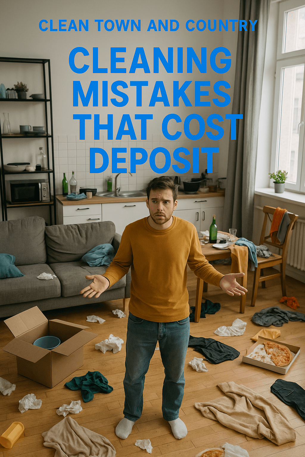 Frustrated tenant standing in a messy apartment, unsure where to start cleaning — symbolizing cleaning mistakes that cost a deposit.