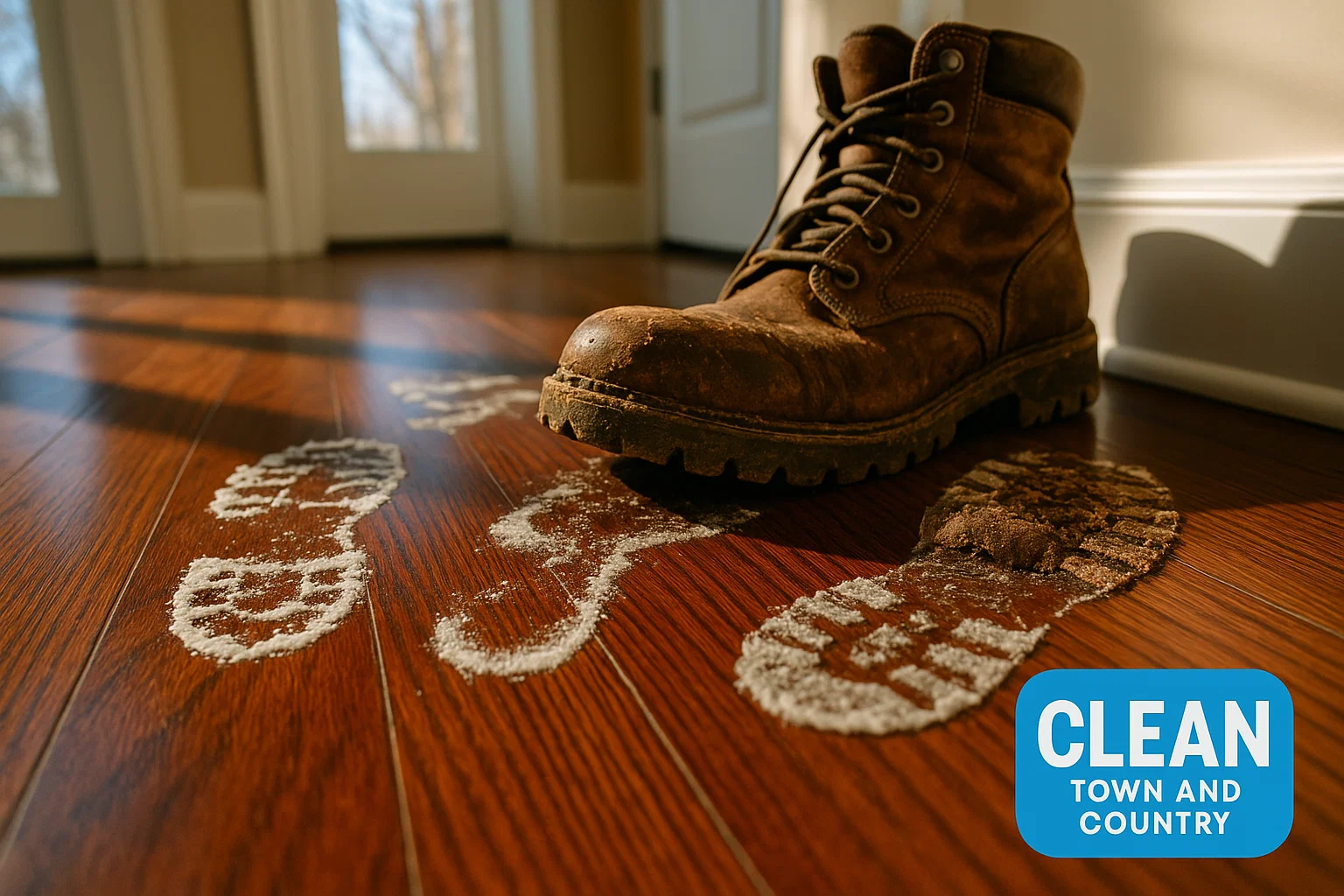 Winter salt tracks on hardwood entry floor – Clean Town and Country deep cleaning St. Louis.
