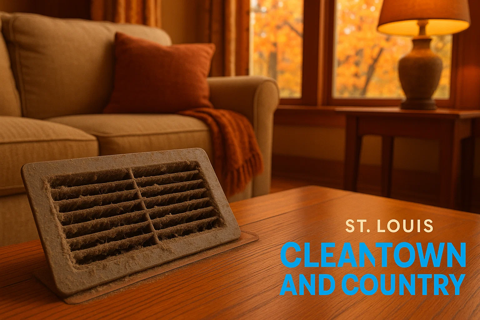 Dusty HVAC vent with fall leaves outside – Clean Town and Country seasonal deep cleaning.