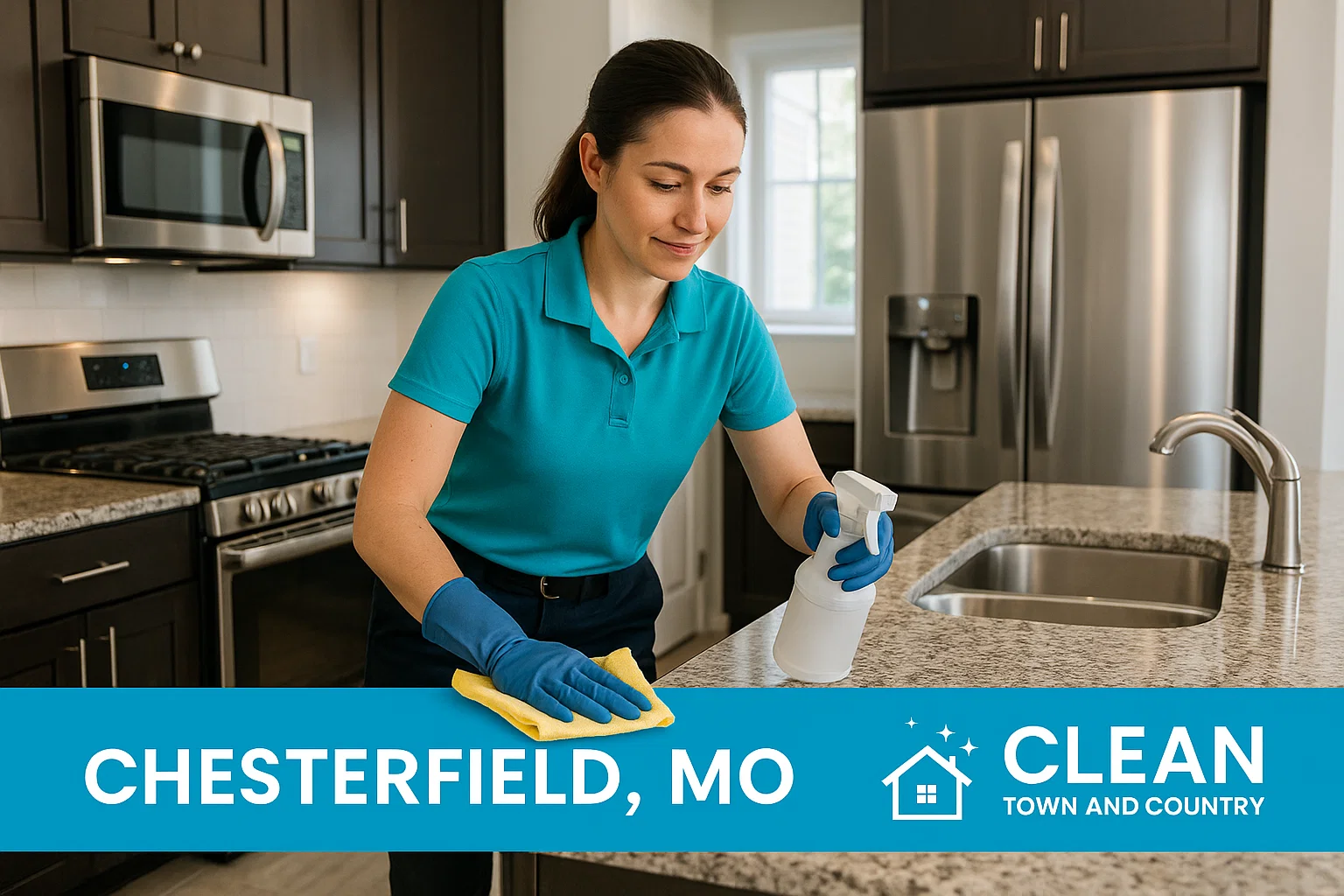 Modern kitchen in Chesterfield MO with granite countertops being cleaned by professional maid service
