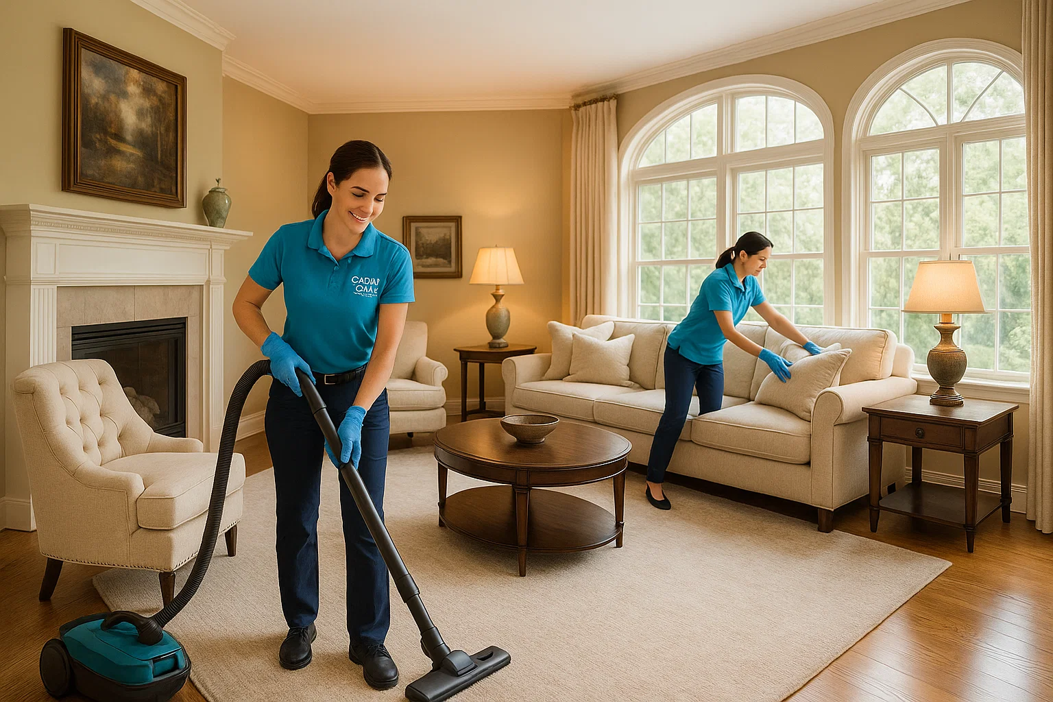 Family living room in Frontenac, MO with dust-free shelves and freshly vacuumed rug after cleaning