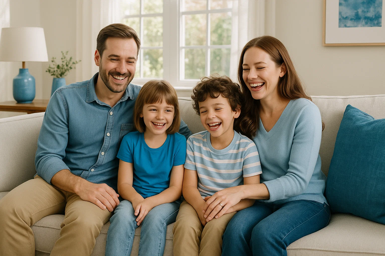 Happy family relaxing at home after house cleaning Kirkwood MO