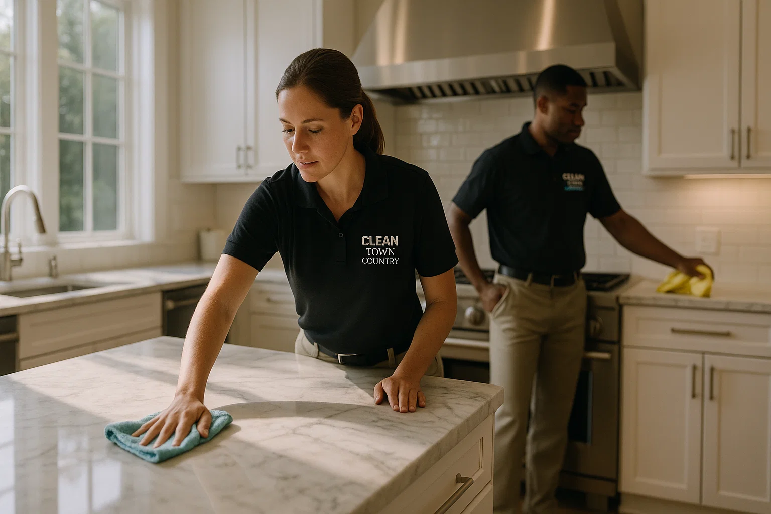 Residential cleaning Huntleigh MO - cleaners polishing modern kitchen