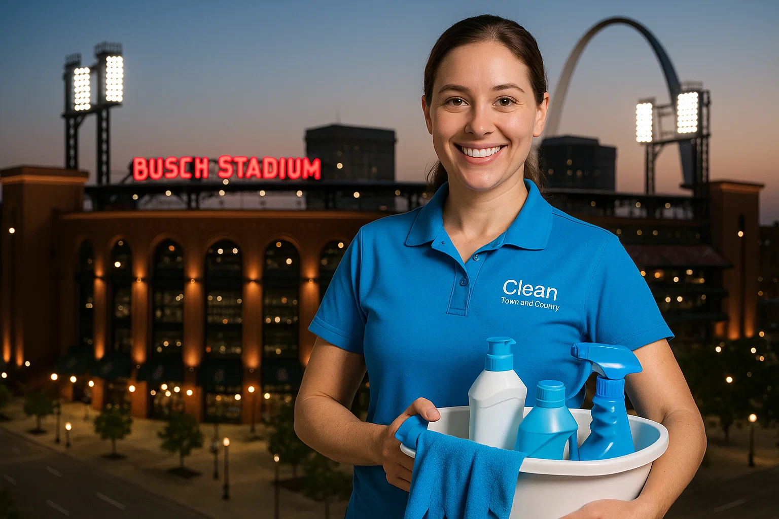 Recurring cleaning services St. Louis – cleaner in blue polo near Busch Stadium
