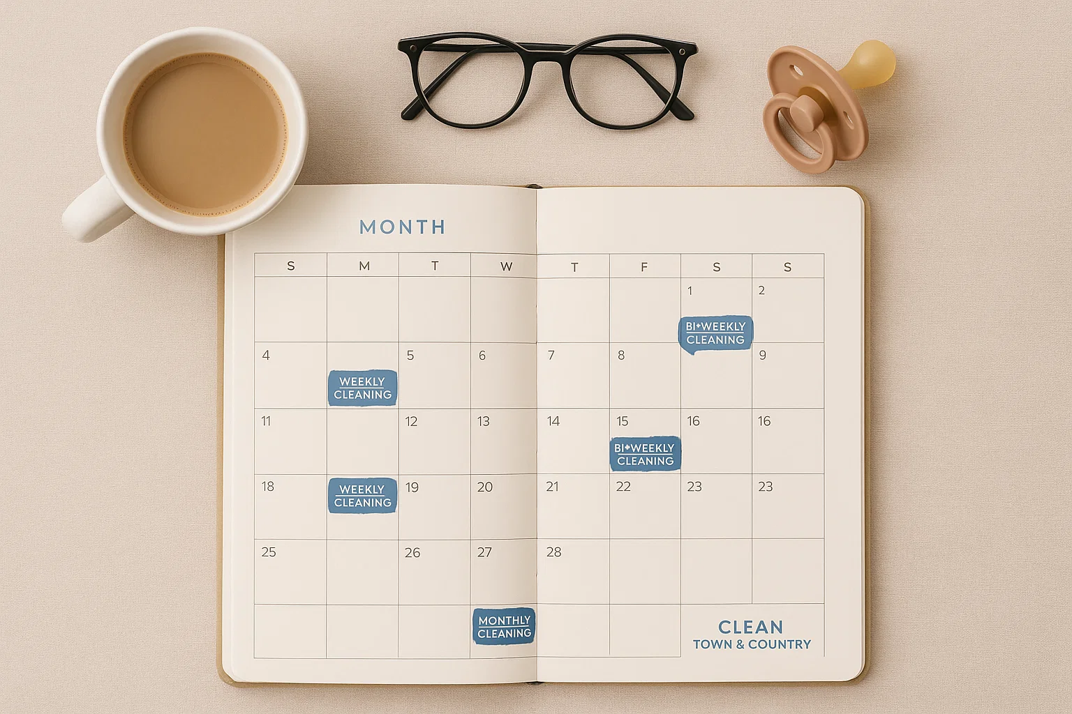 Visual family calendar for scheduling weekly vs bi-weekly vs monthly cleaning