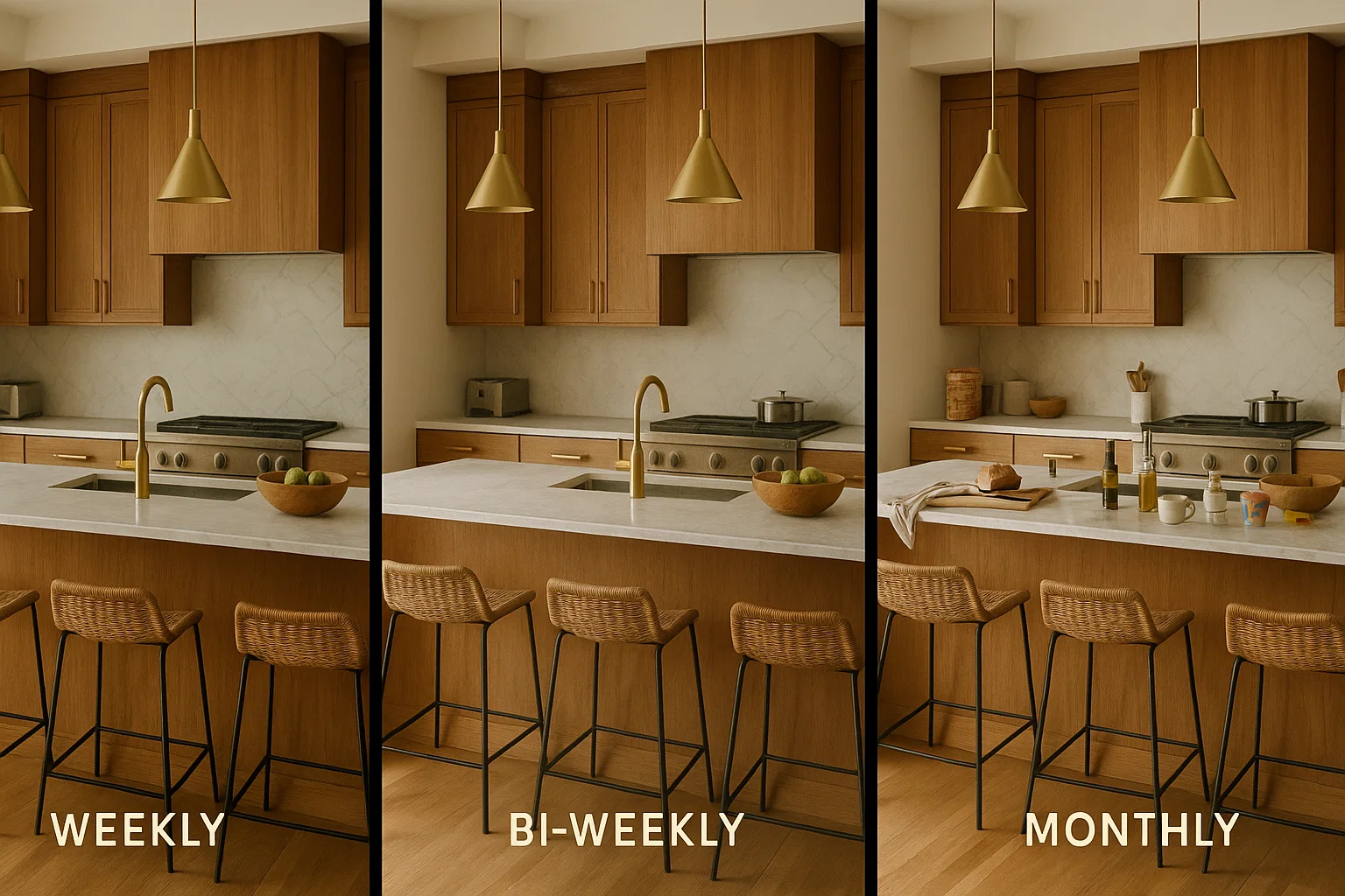 Comparison chart for weekly vs bi-weekly vs monthly cleaning in a St. Louis kitchen