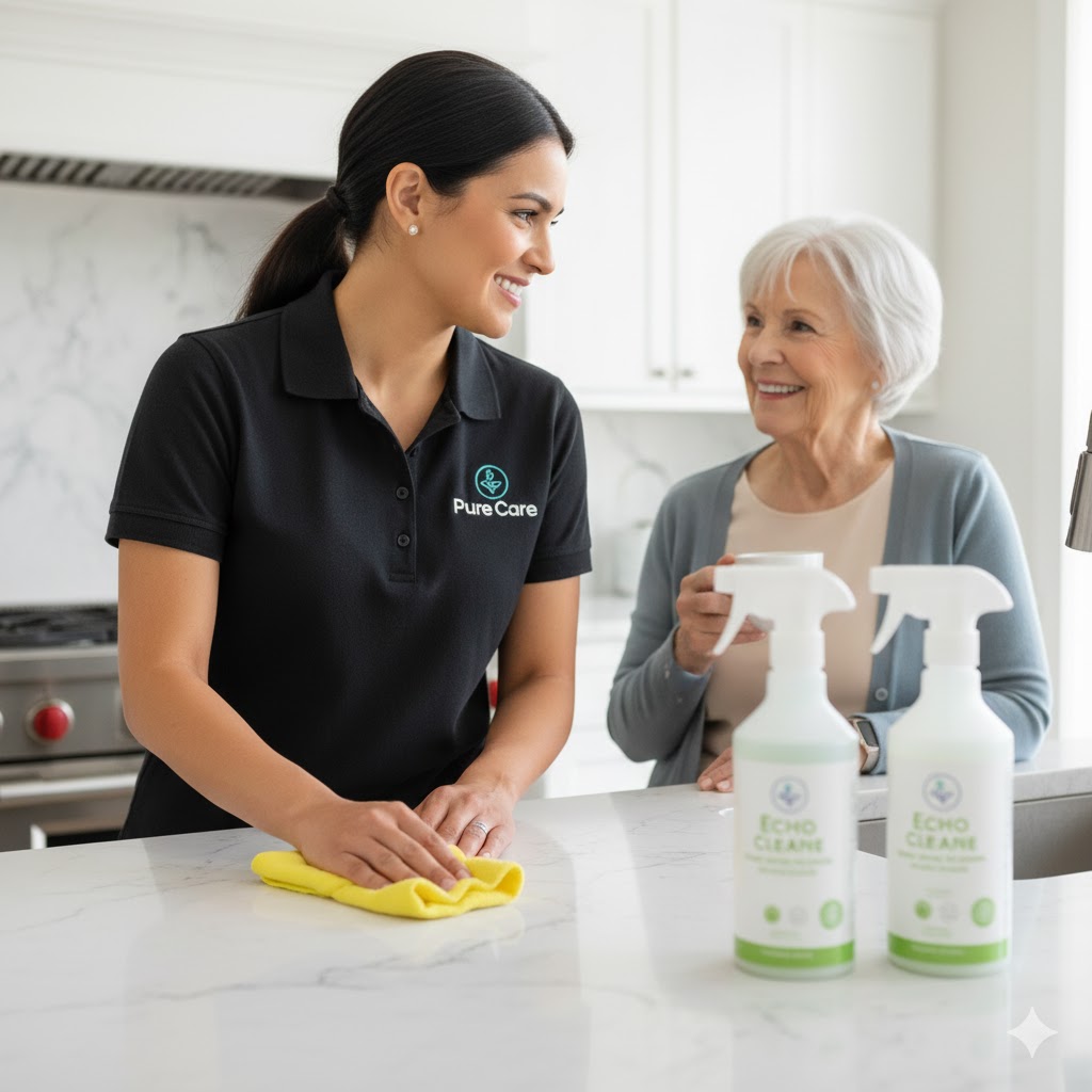 Professional technician providing senior cleaning services in St. Louis by sanitizing a modern luxury marble kitchen for safety and independence.
