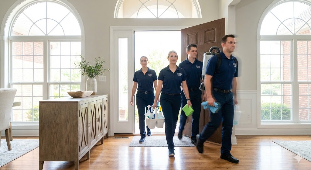 Emergency cleaning squad arriving at St. Louis home with supplies for urgent service