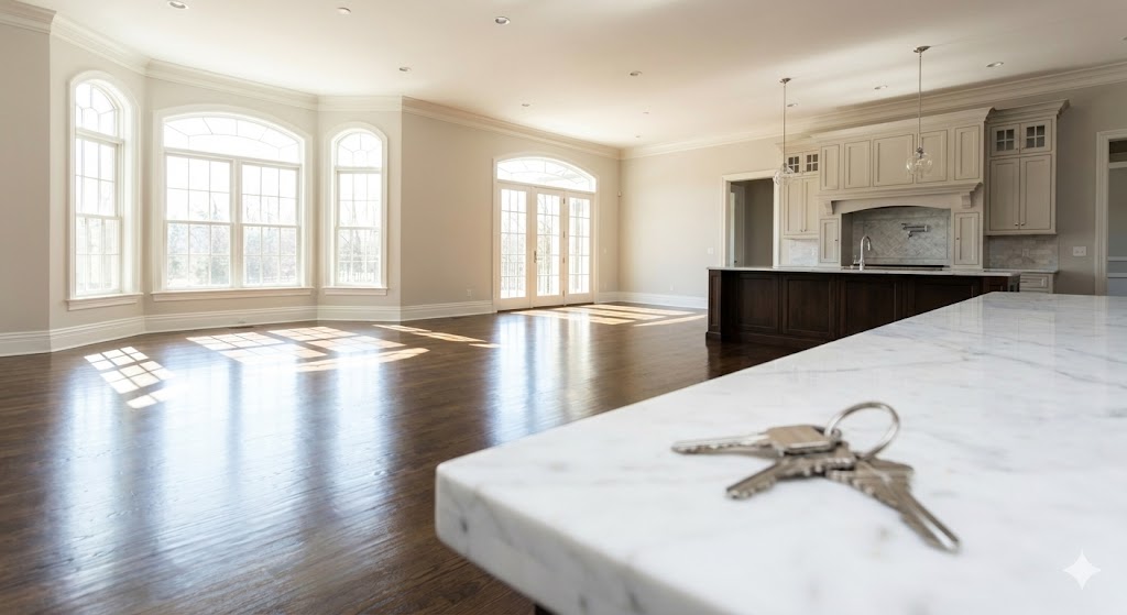 Empty luxury kitchen gleaming after professional move out cleaning in St. Louis