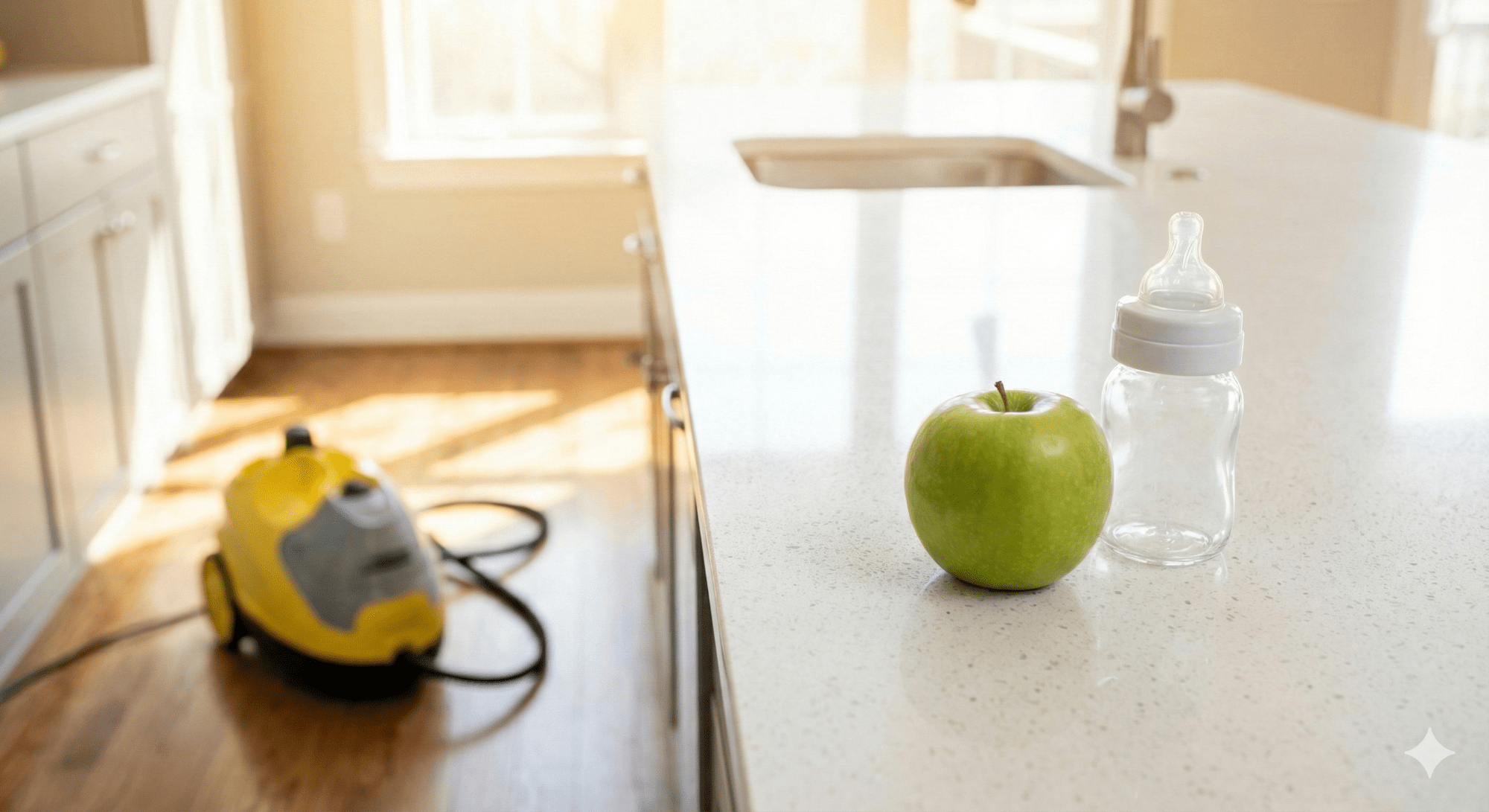 Professional steam cleaning machine and eco-friendly supplies in a St. Louis home